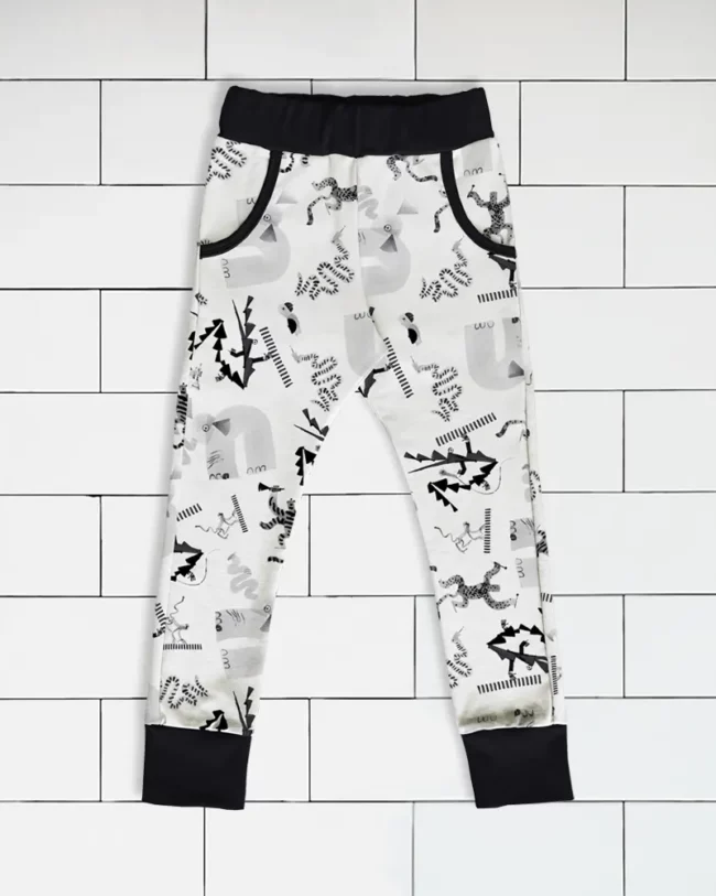 Kids slim jogger pants Jungle Jam animal pattern colour black and white Vermet view1