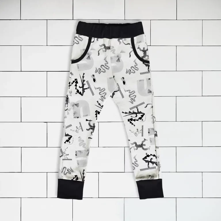 Kids slim jogger pants Jungle Jam animal pattern colour black and white Vermet view1