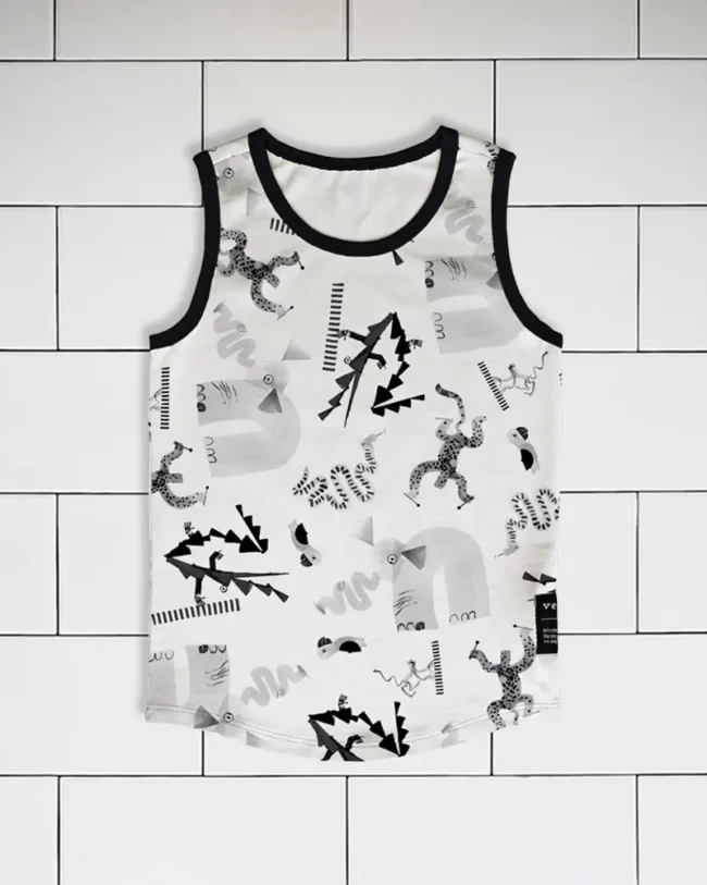 Kids sleeveless top Jungle Jam animal pattern colour black and white Vermet view1